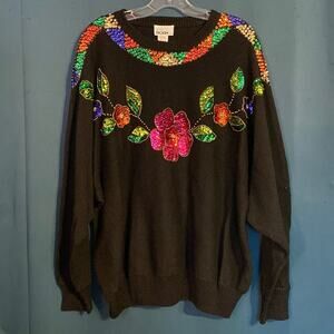 Vintage Mister Noah Plus Black Floral Sequined Sweater